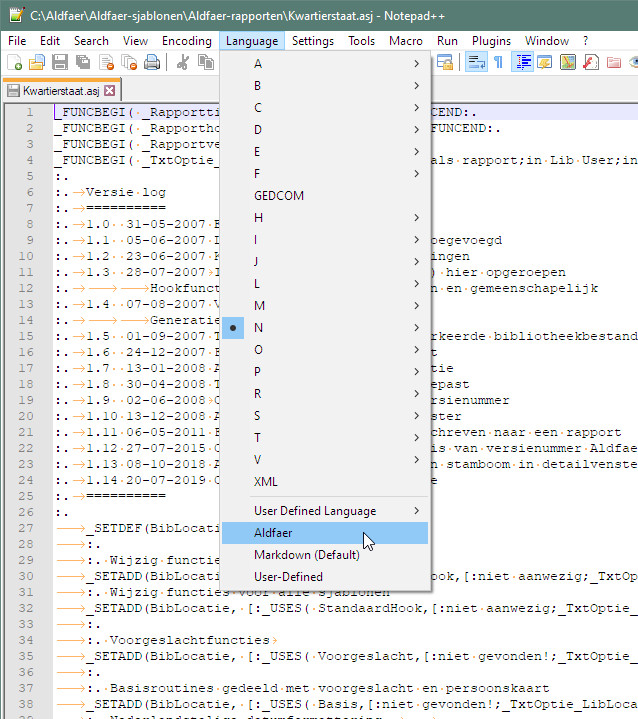 Notepad++ User Defined Language voor Aldfaer sjabloon